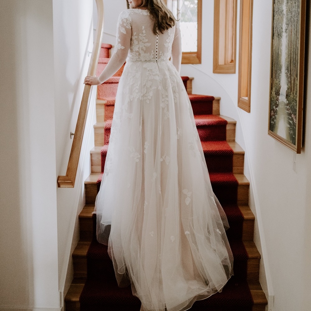 Illusion Sleeve Plunging Ball Gown Wedding Dress